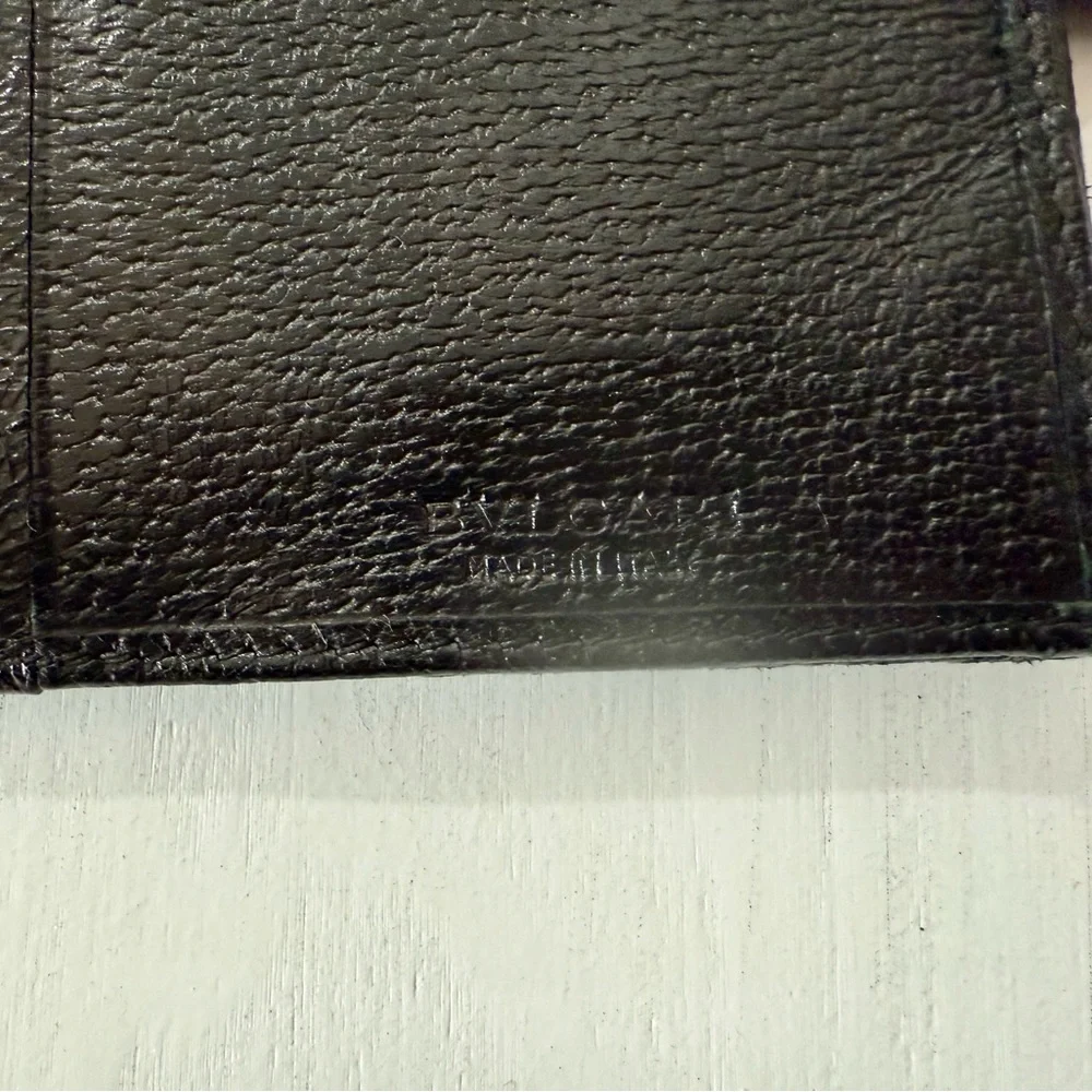 BVLGARI Black Leather Trifold Wallet Organizer Snap Closure